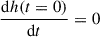 Mathematical equation: $ \frac{\mathrm{d} h(t = 0)}{\mathrm{d} t} = 0 $