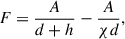 Mathematical equation: $$ \begin{aligned} F = \frac{A}{d + h} - \frac{A}{\chi d}, \end{aligned} $$