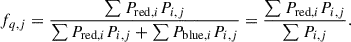 Mathematical equation: $$ \begin{aligned} f_{q, j} = \frac{\sum P_{\mathrm{{red}},i} P_{i,j}}{\sum P_{\mathrm{{red}},i} P_{i,j}+\sum P_{\mathrm{{blue}},i} P_{i,j}} = \frac{\sum P_{\mathrm{{red}},i} P_{i,j}}{\sum P_{i,j}} . \end{aligned} $$