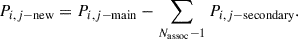 Mathematical equation: $$ \begin{aligned} P_{i,j - \mathrm{{new}}} = P_{i,j - \mathrm{{main}}} - \sum _{N_{\mathrm{{assoc}}}-1} P_{i,j - \mathrm{{secondary}}} . \end{aligned} $$