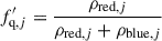 Mathematical equation: $$ \begin{aligned} f^{\prime }_{\text{q}, j}&= \frac{ \rho _{\text{red},j}}{\rho _{\text{red},j} + \rho _{\text{blue},j}}\end{aligned} $$