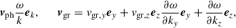 Mathematical equation: $$ \begin{aligned} \boldsymbol{v}_{\rm ph} \dfrac{\omega }{k} {\boldsymbol{e}}_{k}, \qquad \boldsymbol{v}_{\rm gr} = v_{\mathrm{gr},y} {\boldsymbol{e}}_{y} + v_{\mathrm{gr},z} {\boldsymbol{e}}_{z} \dfrac{\partial \omega }{\partial k_y} {\boldsymbol{e}}_{y} +\dfrac{\partial \omega }{\partial k_z} {\boldsymbol{e}}_{z}, \end{aligned} $$