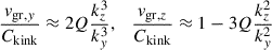 Mathematical equation: $$ \begin{aligned} \dfrac{v_{\mathrm{gr},y}}{C_{\rm kink}}&\approx 2 Q \dfrac{k_z^3}{k_y^3}, \quad \dfrac{v_{\mathrm{gr},z}}{C_{\rm kink}} \approx 1-3 Q \dfrac{k_z^2}{k_y^2} \end{aligned} $$
