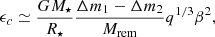 Mathematical equation: $$ \begin{aligned} \epsilon _c \simeq \frac{GM_{\star }}{R_{\star }} \frac{\Delta m_1-\Delta m_2}{M_{\rm rem}}q^{1/3}\beta ^2, \end{aligned} $$
