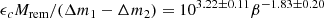 Mathematical equation: $$ \begin{aligned} \epsilon _c M_{\rm rem}/(\Delta m_1-\Delta m_2) = 10^{3.22\pm 0.11}\beta ^{-1.83\pm 0.20} \end{aligned} $$