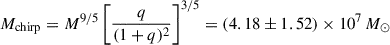Mathematical equation: $ M_{\mathrm{chirp}}=M^{9/5}\left[\frac{q}{(1+q)^2}\right]^{3/5}=(4.18\pm1.52)\times10^7\,M_{\odot} $