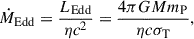 Mathematical equation: $$ \begin{aligned} \dot{M}_\mathrm{Edd} = \frac{L_\mathrm{Edd} }{\eta c^2}=\frac{4\pi GMm_\mathrm{P} }{\eta c\sigma _\mathrm{T} }, \end{aligned} $$
