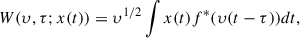 Mathematical equation: $$ \begin{aligned} W(\upsilon , \tau ; x(t)) = \upsilon ^{1/2}\int x(t)f^*(\upsilon (t-\tau ))dt, \end{aligned} $$