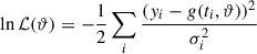 Mathematical equation: $$ \begin{aligned} \ln \mathcal{L} (\vartheta ) = -\frac{1}{2}\sum _i\frac{(y_i-g(t_i,\vartheta ))^2}{\sigma _i^2} \end{aligned} $$