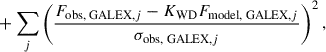 Mathematical equation: $$ \begin{aligned}&+\sum _{j} \left( \frac{F_{\text{obs,} \text{ GALEX},j} - K_{\text{WD}} F_{\text{model,} \text{ GALEX},j}}{\sigma _{\text{obs,} \text{ GALEX},j}}\right)^2, \end{aligned} $$