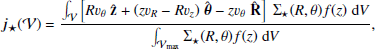 Mathematical equation: $$ \begin{aligned} \boldsymbol{j_{\star }}(\mathcal{V} ) = \frac{\int _{\mathcal{V} } \left[Rv_{\theta } \mathbf {\hat{z}} + (zv_R - Rv_z) \boldsymbol{\hat{\theta }} - zv_{\theta } \mathbf {\hat{R}} \right] \Sigma _{\star }(R,\theta )f(z) \mathrm{d} V}{\int _{\mathcal{V} _{\rm {max}}}\Sigma _{\star }(R,\theta )f(z) \mathrm{d} V }, \end{aligned} $$