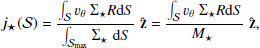 Mathematical equation: $$ \begin{aligned} \boldsymbol{j_{\star }}(\mathcal{S} ) = \frac{\int _{\mathcal{S} } v_{\theta } \Sigma _{\star }R \mathrm{d} S}{\int _{\mathcal{S} _{\rm {max}}} \Sigma _{\star } \mathrm{d} S} \mathbf {\hat{z}} = \frac{\int _{\mathcal{S} } v_{\theta } \Sigma _{\star }R \mathrm{d} S}{M_{\star } } \mathbf {\hat{z}} , \end{aligned} $$