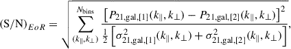 Mathematical equation: $$ \begin{aligned} \mathrm {(S/N)}_{EoR} = \sqrt{ \sum _{(k_\parallel , k_\perp )}^{N_\mathrm{bins} } \frac{\left[ P_\mathrm{21,gal, [1]} (k_\parallel , k_\perp ) - P_\mathrm{21,gal, [2]} (k_\parallel , k_\perp ) \right]^2}{\frac{1}{2} \left[ \sigma _\mathrm{21,gal, [1]} ^2(k_\parallel , k_\perp ) + \sigma _\mathrm{21,gal, [2]} ^2(k_\parallel , k_\perp ) \right]} }, \end{aligned} $$