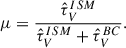 Mathematical equation: $$ \begin{aligned} \mu =\frac{\hat{\tau }_{V}^{ISM}}{\hat{\tau }_{V}^{ISM}+\hat{\tau }_{V}^{BC}}. \end{aligned} $$