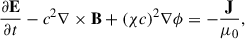Mathematical equation: $$ \begin{aligned} \frac{\partial \mathbf E }{\partial t} - c^{2} \nabla \times \mathbf B + (\chi c)^{2} \nabla \phi&= - \frac{\mathbf{J }}{\mu _{0}},\end{aligned} $$