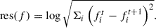 Mathematical equation: $$ \begin{aligned} \mathrm {res}(f) = \mathrm {log}\,\sqrt{\Sigma _{i}\left(f_{i}^{t} - f_{i}^{t+1}\right)^{2}}. \end{aligned} $$