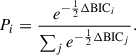 Mathematical equation: $$ \begin{aligned} P_i = \frac{e^{-\frac{1}{2} \Delta \mathrm{BIC} _i}}{\sum _j e^{-\frac{1}{2} \Delta \mathrm{BIC} _j}}. \end{aligned} $$