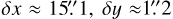 Mathematical equation: $\[\delta x \approx 15^{\prime \prime}_\cdot 1, \delta y \approx 1{ }^{\prime \prime}_\cdot2\]$