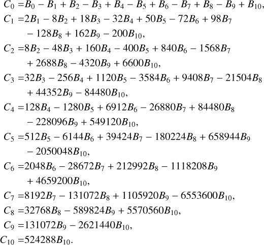 Mathematical equation: $\[\begin{aligned}C_0= & B_0-B_1+B_2-B_3+B_4-B_5+B_6-B_7+B_8-B_9+B_{10}, \\C_1= & 2 B_1-8 B_2+18 B_3-32 B_4+50 B_5-72 B_6+98 B_7 \\& -128 B_8+162 B_9-200 B_{10}, \\C_2= & 8 B_2-48 B_3+160 B_4-400 B_5+840 B_6-1568 B_7 \\& +2688 B_8-4320 B_9+6600 B_{10}, \\C_3= & 32 B_3-256 B_4+1120 B_5-3584 B_6+9408 B_7-21504 B_8 \\& +44352 B_9-84480 B_{10}, \\C_4= & 128 B_4-1280 B_5+6912 B_6-26880 B_7+84480 B_8 \\& -228096 B_9+549120 B_{10}, \\C_5= & 512 B_5-6144 B_6+39424 B_7-180224 B_8+658944 B_9 \\& -2050048 B_{10}, \\C_6= & 2048 B_6-28672 B_7+212992 B_8-1118208 B_9 \\& +4659200 B_{10}, \\C_7= & 8192 B_7-131072 B_8+1105920 B_9-6553600 B_{10}, \\C_8= & 32768 B_8-589824 B_9+5570560 B_{10}, \\C_9= & 131072 B_9-2621440 B_{10}, \\C_{10}= & 524288 B_{10}.\end{aligned}\]$