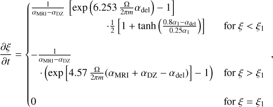 Mathematical equation: \frac{\partial \xi}{\partial t}= \begin{cases} \frac{1}{\alpha_\mathrm{MRI}-\alpha_\mathrm{DZ}} \, \left [ \mathrm{exp} \left ( 6.253 \, \frac{\Omega}{2\pi m} \alpha_\mathrm{del} \right ) -1 \right ] \vspace{0.1cm}\\ \hspace{2.5cm} \cdot \frac{1}{2} \left [ 1+ \mathrm{tanh} \left ( \frac{0.8 \alpha_1-\alpha_\mathrm{del}}{0.25 \alpha_1} \right ) \right ] &\text{for $\xi < \xi_1$} \\ & \\ -\frac{1}{\alpha_\mathrm{MRI}-\alpha_\mathrm{DZ}} \vspace{0.1cm} \\ \hspace{0.3cm} \cdot \left ( \mathrm{exp} \left [ 4.57 \, \frac{\Omega}{2\pi m} (\alpha_\mathrm{MRI}+\alpha_\mathrm{DZ} -\alpha_\mathrm{del}) \right ]-1 \right ) &\text{for $\xi > \xi_1$} \\ & \\ 0 & \text{for $\xi = \xi_1$} \end{cases}\; ,