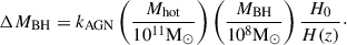 Mathematical equation: $$ \begin{aligned} \Delta M_{\rm BH} = k_{\rm AGN} \left(\frac{M_{\rm hot}}{10^{11} \mathrm{M_{\odot }}}\right) \left(\frac{M_{\rm BH}}{10^{8} \mathrm{M_{\odot }}}\right) \frac{H_0}{H(z)}\cdot \end{aligned} $$