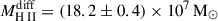 Mathematical equation: $ M^{\mathrm{diff}}_{{\mathrm{H}{\small { {\text{ II}}}}}}=(18.2\pm0.4)\times10^7\,\mathrm{M}_\odot $