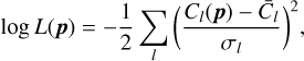 Mathematical equation: \log L(\boldsymbol{p}) = -\frac12 \sum_l \bigg( \frac{C_l(\boldsymbol{p}) - \bar{C}_l}{\sigma_l} \smash{\bigg)^2} ,