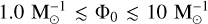 Mathematical equation: $1.0{\rm{ M}}_ \odot ^{ - 1} \mathbin{\lower.3ex\hbox{$\buildrel<\over{\smash{\scriptstyle\sim}\vphantom{_x}}$}} {{\rm{\Phi }}_0} \mathbin{\lower.3ex\hbox{$\buildrel<\over{\smash{\scriptstyle\sim}\vphantom{_x}}$}} 10{\rm{ M}}_ \odot ^{ - 1}$