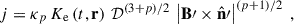 Mathematical equation: $$ \begin{aligned} j = \kappa _p \, K_{\rm e}\left(t, \mathbf r \right) \, \mathcal{D} ^{(3 + p)/2} \, \left| \mathbf B \prime \times \hat{\mathbf{n }}\prime \right|^{(p + 1)/2}\;, \end{aligned} $$