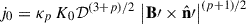 Mathematical equation: $ j_0 = \kappa_p \,K_0\mathcal{D}^{\left( 3 + p\right)/2} \, \left| \mathbf{B}{\prime}\times \hat{\mathbf{n}}{\prime}\right|^{\left( p+1 \right)/2} $