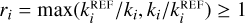 Mathematical equation: $\[r_{i}=\max \left(k_{i}^{\mathrm{REF}} / k_{i}, k_{i} / k_{i}^{\mathrm{REF}}\right) \geq 1\]$