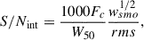 Mathematical equation: $$ \begin{aligned} S/N_{\mathrm{int} } =\frac{1000F_{c}}{W_{50}}\frac{w^{1/2}_{smo}}{rms}, \end{aligned} $$