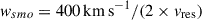 Mathematical equation: $ w_{smo} = 400\,\mathrm{km\,s}^{-1} / (2 \times v_{\mathrm{res}}) $