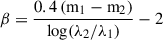 Mathematical equation: $ \beta = \frac{0.4\,(\mathrm{m_1-m_2})}{\mathrm{log}(\lambda_2/\lambda_1)}-2 $