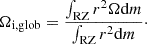 Mathematical equation: $$ \begin{aligned} \Omega _{\rm i, glob} = \frac{\int _{\rm RZ} r^2 \Omega \mathrm{d} m}{\int _{\rm RZ} r^2\mathrm{d} m}\cdot \end{aligned} $$
