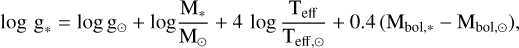 Mathematical equation: \rm {log \,\, g}_* = \rm \log g_{\odot} + \rm{log}\dfrac{\rm{M}_*}{\rm{M}_{\odot}} + 4\, \log \dfrac{\rm{T}_{\rm eff}}{\rm{T}_{\rm eff,\odot}} + 0.4\,(\rm{M_{\rm{bol},*}}- \rm{M_{\rm{bol},\odot}}),