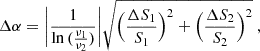 Mathematical equation: $$ \begin{aligned} \Delta \alpha = \Biggl | \frac{1}{\ln {(\frac{\nu _1}{\nu _2})}} \Biggr | \sqrt{\Bigl ( \frac{\Delta S_1}{S_1} \Bigr )^2 + \Bigl ( \frac{\Delta S_2}{S_2} \Bigr )^2 }\ , \end{aligned} $$
