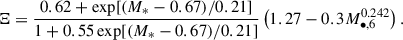 Mathematical equation: $$ \begin{aligned} \Xi = \frac{0.62 + \exp [(M_*-0.67)/0.21]}{1+0.55\exp [(M_*-0.67)/0.21]} \left(1.27 - 0.3 M_{\bullet ,6}^{0.242}\right). \end{aligned} $$