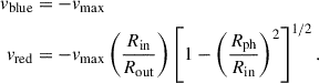 Mathematical equation: $$ \begin{aligned} v_{\rm blue}&= -v_{\rm max}\\ v_{\rm red}&= -v_{\rm max} \left(\frac{R_{\rm in}}{R_{\rm out}}\right) \left[1 - \left(\frac{R_{\rm ph}}{R_{\rm in}}\right)^2\right]^{1/2}. \end{aligned} $$