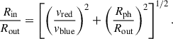 Mathematical equation: $$ \begin{aligned} \frac{R_{\rm in}}{R_{\rm out}} = \left[ \left(\frac{v_{\rm red}}{v_{\rm blue}}\right)^2 + \left(\frac{R_{\rm ph}}{R_{\rm out}}\right)^2 \right]^{1/2}. \end{aligned} $$
