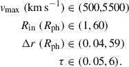 Mathematical equation: $$ \begin{aligned} v_{\rm max}\ (\mathrm{km\,s}^{-1})&\in (500,5500) \\ R_{\rm in}\ (R_{\rm ph})&\in (1, 60) \\ \Delta r\ (R_{\rm ph})&\in (0.04, 59) \\ \tau&\in (0.05, 6). \end{aligned} $$