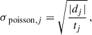 Mathematical equation: $$ \begin{aligned} \sigma _{\text{ poisson,}j} = \sqrt{\frac{ |d_j|}{t_j}} \, , \end{aligned} $$