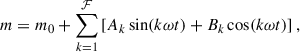 Mathematical equation: $$ \begin{aligned} m = m_0 + \sum _{k = 1}^{\mathcal{F} } \left[ A_k \sin (k \omega t) + B_k \cos (k \omega t) \right] , \end{aligned} $$