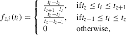 Mathematical equation: $$ \begin{aligned} f_{z,i}(t_i) = {\left\{ \begin{array}{ll} \frac{t_i-t_z}{t_{z+1}-t_z},&\text{ if} t_z \le t_i \le t_{z+1}\\ \frac{t_z-t_i}{t_z-t_{z-1}},&\text{ if} t_{z-1} \le t_i \le t_z\\ 0&\text{ otherwise}, \end{array}\right.} \end{aligned} $$