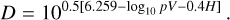 Mathematical equation: D = 10^{0.5[6.259-\log_{10}pV-0.4H]}\,.