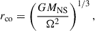 Mathematical equation: $$ \begin{aligned} r_{\rm co}&= \left(\frac{GM_{\rm NS}}{\Omega ^2}\right)^{1/3},\end{aligned} $$