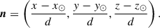 Mathematical equation: $$ \begin{aligned} \boldsymbol{n} = \left(\frac{x-x_{\odot }}{d},\frac{y-y_{\odot }}{d},\frac{z-z_{\odot }}{d} \right). \end{aligned} $$