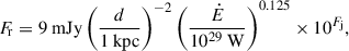 Mathematical equation: $$ \begin{aligned} F_{\rm \! r} = 9 \ \mathrm{mJy} \left(\frac{d}{1 \ \mathrm{kpc}}\right)^{-2} \left(\frac{\dot{E}}{10^{29} \ \mathrm{W}}\right)^{0.125} \times 10^{F_{\rm j}} ,\end{aligned} $$