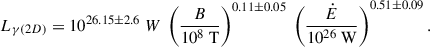 Mathematical equation: $$ \begin{aligned} L_{\gamma (2D)} = 10^{26.15 \pm 2.6} \ W \ \left(\frac{B}{10^8 \ \mathrm{T}}\right)^{0.11\pm 0.05} \ \left(\frac{\dot{E}}{10^{26} \ \mathrm{W}}\right)^{0.51 \pm 0.09}. \end{aligned} $$