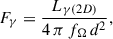 Mathematical equation: $$ \begin{aligned} F_{\gamma } = \frac{L_{\gamma (2D)}}{4\,\pi \, f_{\Omega }\, d^2} ,\end{aligned} $$